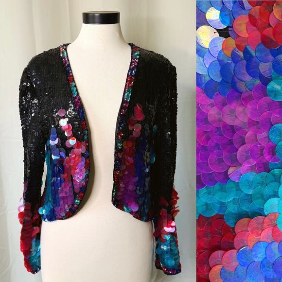 VTG 80s Leslie Fay Evenings 100% silk Sequin Beaded Cropped Jacket Festival Wear - Picture 1 of 7